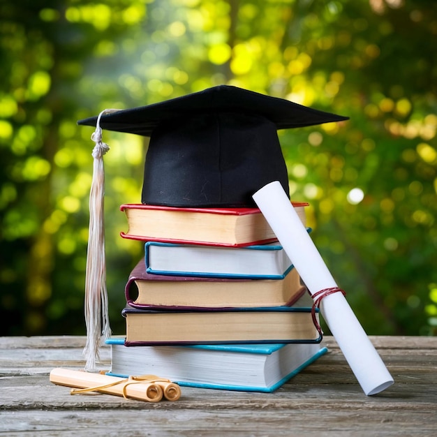 Photo vue avant des livres empilés une casquette de graduation et un diplôme pour la journée de l'éducation