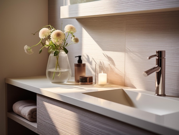 Photo vue avant d'un miroir de salle de bain de forme ovale moderne avec éclairage arrière