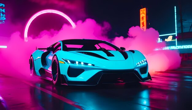 Photo vue avant d'une voiture de sport bleue de style cyberpunk avec de la fumée en arrière-plan dans la ville la nuit