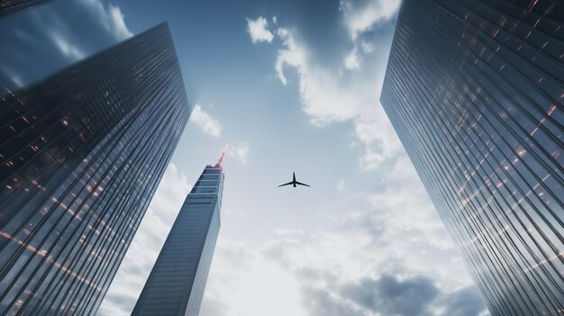 Photo vue d'un avion survolant une ville avec de hauts bâtiments
