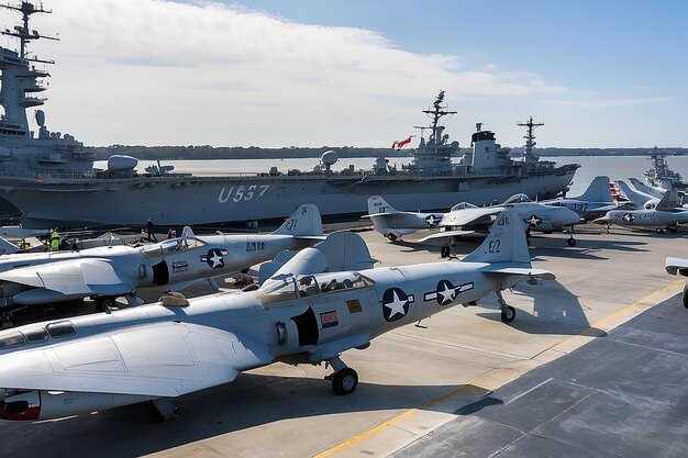 Photo vue des avions sur le pont de l'uss yorktown, un musée historique du porte-avions à patriots point à charleston, en caroline du sud, états-unis.