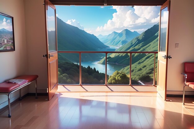 Une vue d'un balcon avec vue sur la montagne.