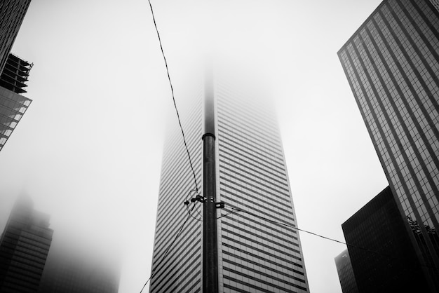 Vue à bas angle des gratte-ciel disparaissant dans le brouillard