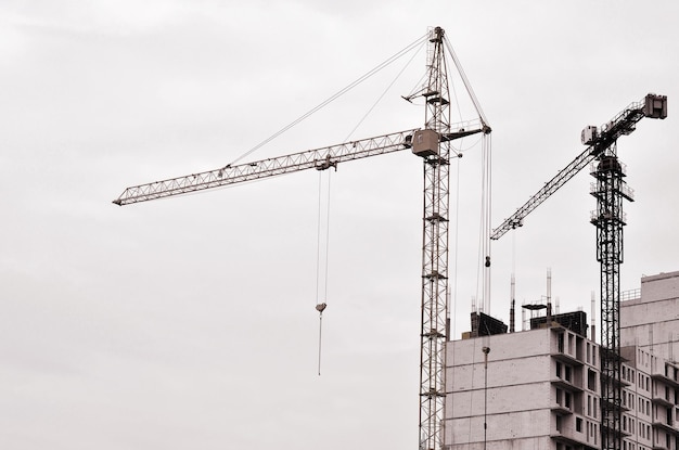 Vue à bas angle des grues sur le chantier contre le ciel