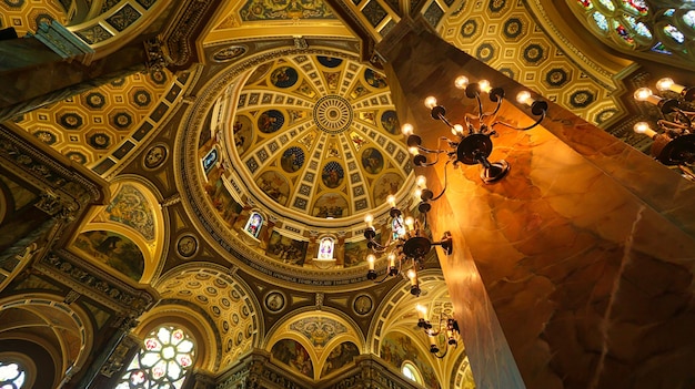 Photo vue à bas angle d'un lustre éclairé dans un bâtiment