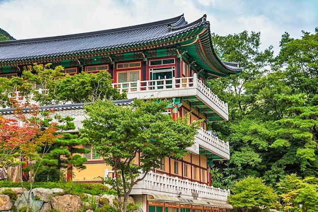 Vue à bas angle de la maison traditionnelle par les arbres