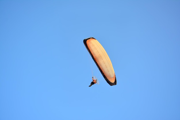 Photo vue à bas angle de personnes en parapente contre un ciel bleu clair