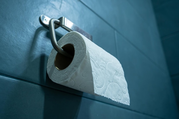 Vue à bas angle d'un rouleau de papier toilette suspendu à un support sur un mur de salle de bain