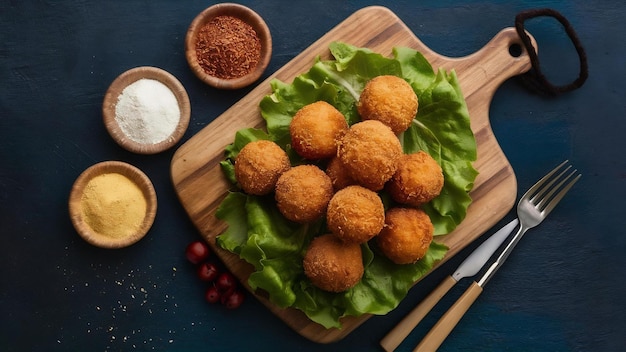 Vue de bas boules de fromage frit boules d'épices de laitue sur la planche à découper sur la table