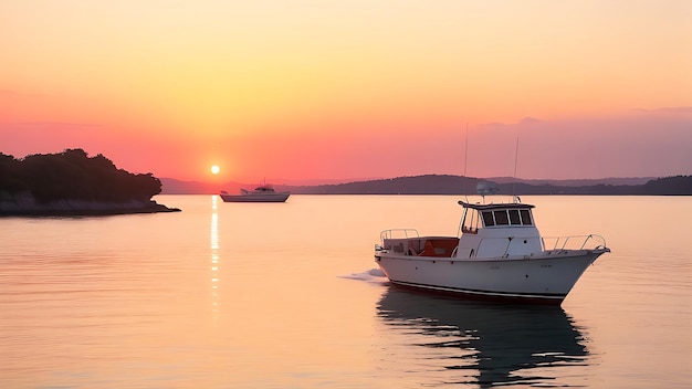 Vue d'un bateau sur l'eau avec le coucher du soleil