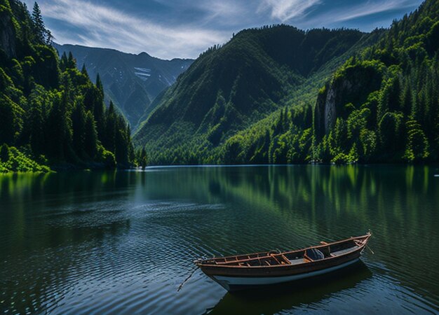 Vue d'un bateau flottant sur l'eau avec un paysage naturel