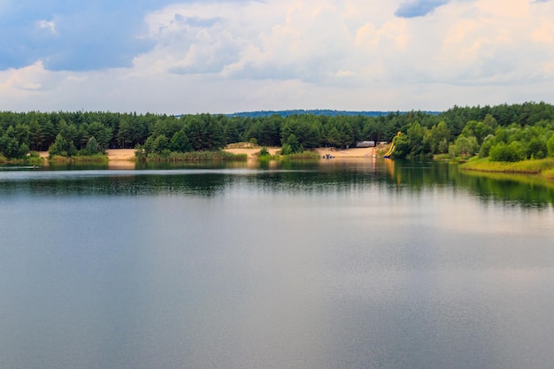 Vue d'un beau lac dans une pinède en été