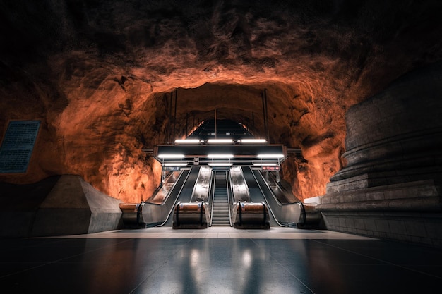 Vue d'un beau métro avec escaliers mécaniques illuminés à Stockholm en Suède