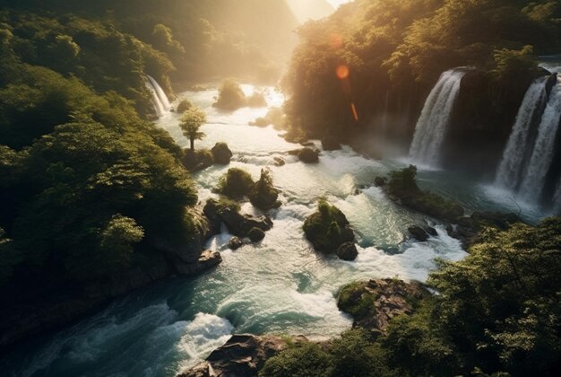 Vue sur la beauté de la cascade et du lever du soleil le matin d'en haut générative ai