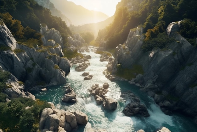 Vue sur la beauté de la cascade et du lever du soleil le matin d'en haut générative ai