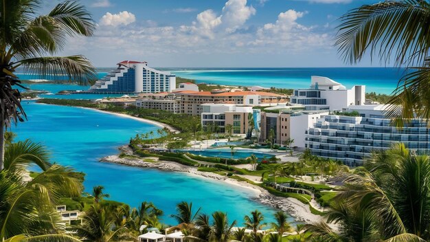 Vue de beaux hôtels dans la zone hôtelière de la région de Cancun Riviera Maya à Quintana Roo sur le Yucatan