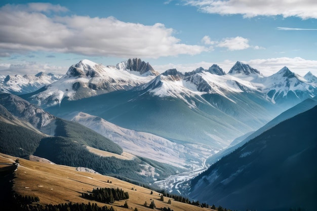 vue sur de beaux paysages de montagnes avec un ciel bleu et un temps clair