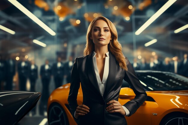 Vue d'une belle femme en costume complet avec une voiture chère Concept d'affaires généré