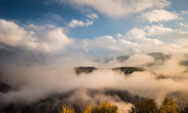 Vue de belles collines entourées d'un épais brouillard.