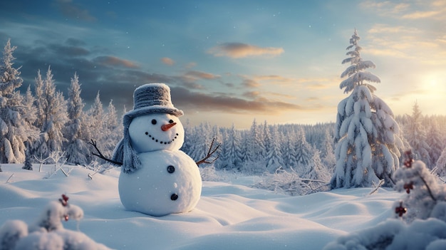 Vue d'un bonhomme de neige avec paysage d'hiver et rendu de neige généré par un bonhomme de neige d'imagination ai