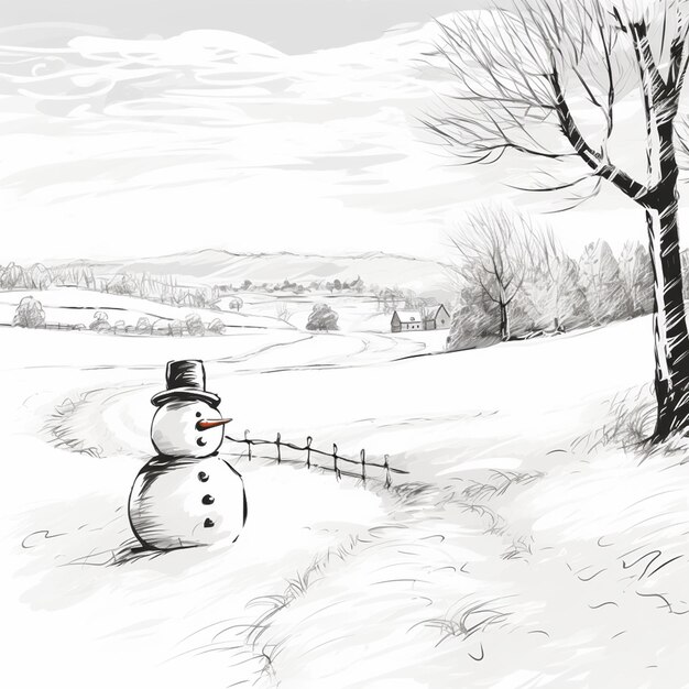 Vue d'un bonhomme de neige avec un paysage hivernal