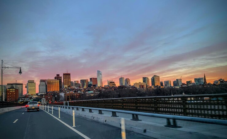 Photo vue de boston au coucher du soleil