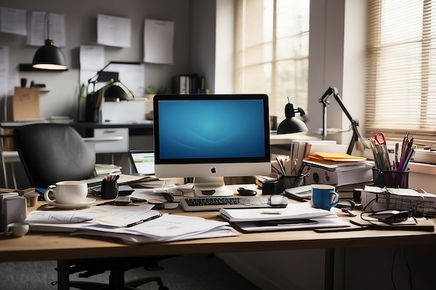 Vue d'un bureau de bureau avec un espace de travail en désordre et un ordinateur portable