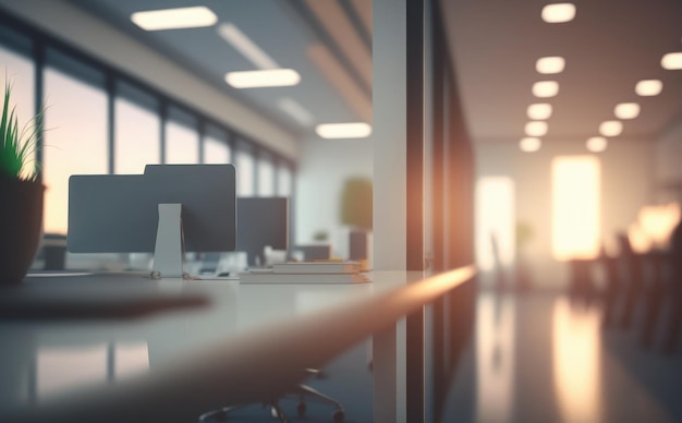 Vue d'un bureau dans un bureau avec un soleil brillant qui brille à travers les fenêtres.