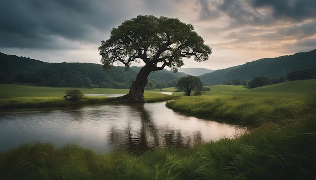 Photo vue calme et apaisante de la campagne avec un vieux chêne