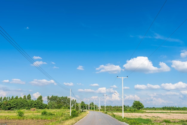 Vue sur la campagne des routes asphaltées à côté de la nature printanière et de l'arbre vert dans les nuages moelleux fond bleu ciel lumière du jour