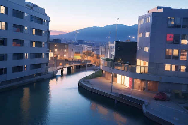 Vue d'un canal avec un bâtiment en arrière-plan