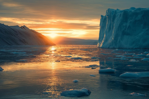 Vue captivante du glacier et des montagnes au coucher du soleil