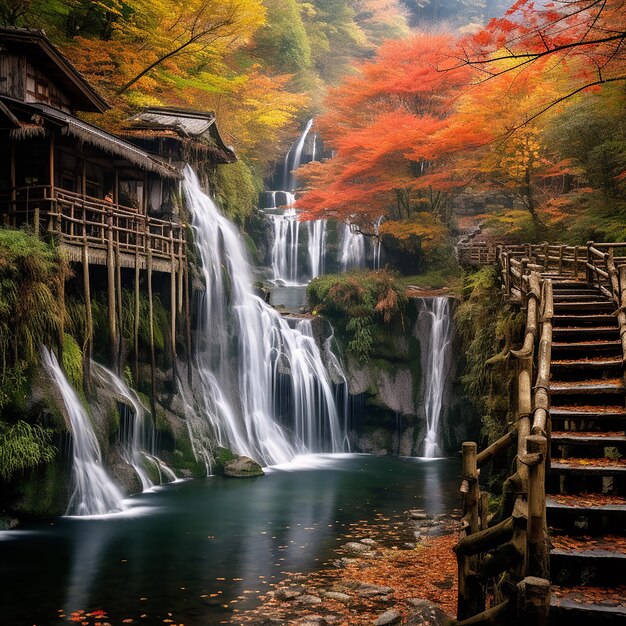 Photo vue de la cascade et des belles maisons