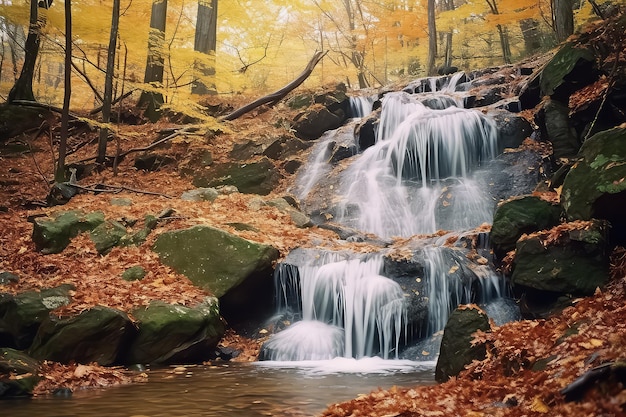 Vue sur la cascade dans la forêt qui contient toutes les couleurs de l'automne AI