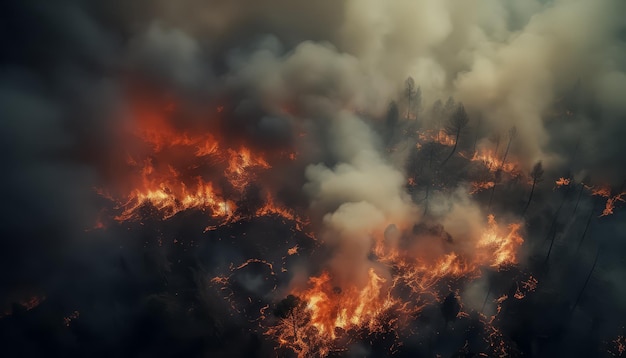 Vue de la catastrophe de la forêt en flammes par drone