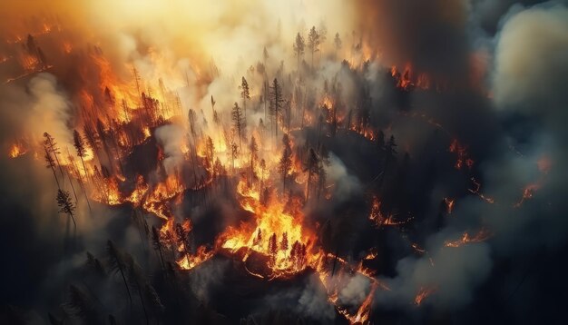 Vue de la catastrophe de la forêt en flammes par drone