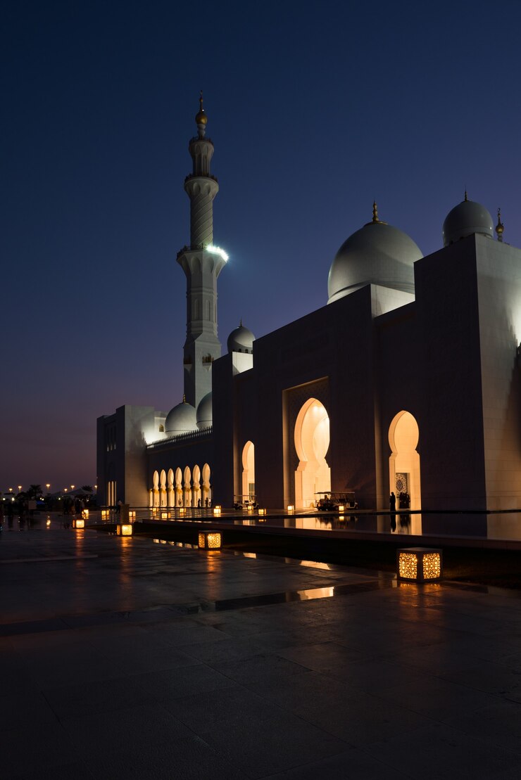 Photo vue de la célèbre mosquée blanche sheikh zayed à abu dhabi, émirats arabes unis la nuit
