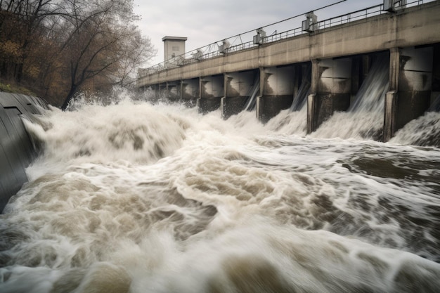 Vue de la centrale hydroélectrique avec de l'eau se précipitant à travers les turbines créées avec l'ai générative