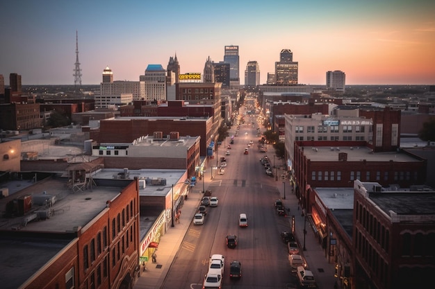 Une vue sur le centre-ville depuis le haut du bâtiment.