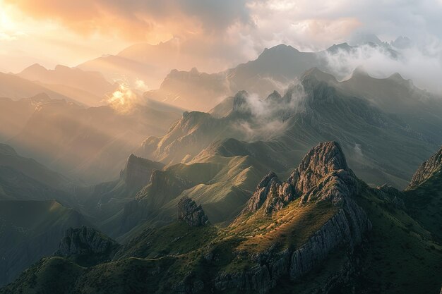 Une vue d'une chaîne de montagnes avec un ciel nuageux