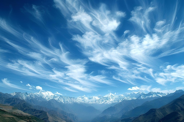 Une vue d'une chaîne de montagnes avec un ciel rempli de nuages au-dessus et des montagnes en arrière-plan