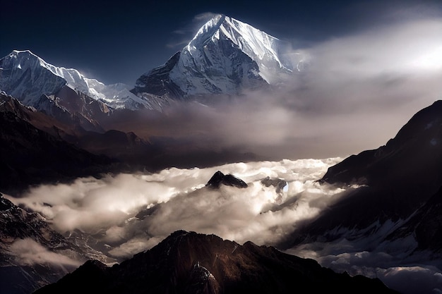 Vue d'une chaîne de montagnes avec des nuages au premier plan ai générative