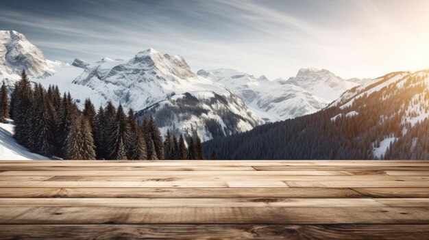 une vue d'une chaîne de montagnes avec une table en bois au premier plan