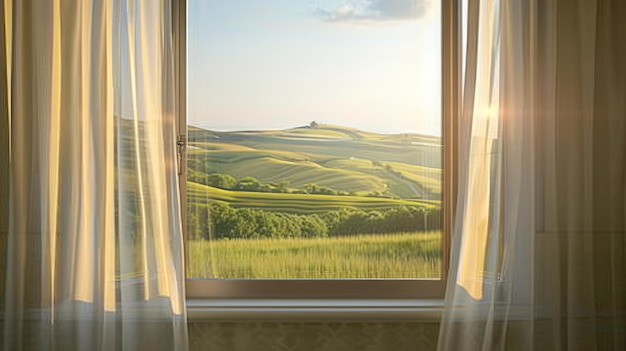 Vue des champs par une fenêtre