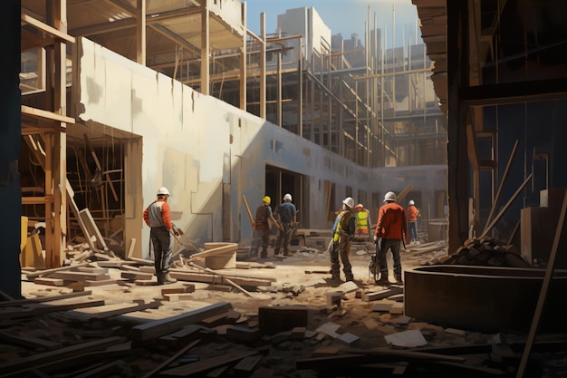vue d'un chantier de construction avec des ouvriers du bâtiment dans le style d'illustration