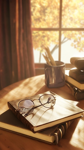 Vue de charme de livre lunettes et livres sur une table avec une mise au point douce papier peint mobile vertical