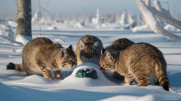 Photo vue de chats sauvages curieux à la recherche de quelque chose d'intéressant dans une forêt enneigée par une journée glaciale