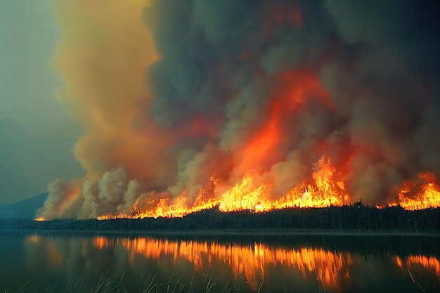 Vue de la chaussée à la forêt brûlant dans le concept de catastrophe naturelle d'incendie