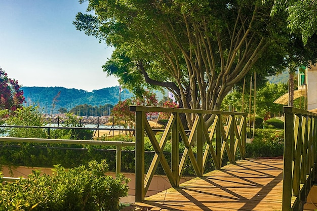 Vue sur le chemin et le pont dans un jardin verdoyant avec des arbres verts le long du remblai à kemer tur