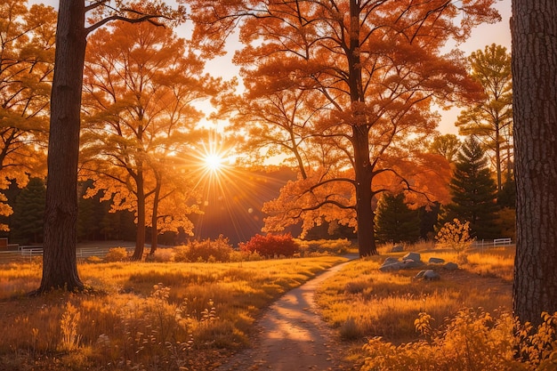 vue d'un chemin à travers un champ avec des arbres et de l'herbe